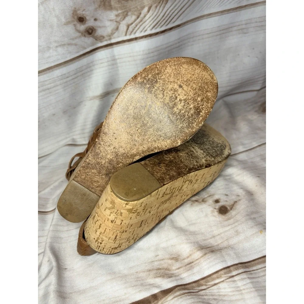 Tory Burch Tan Woven Leather Cork Platform Wedge Sandals Huarache Size 8.5M